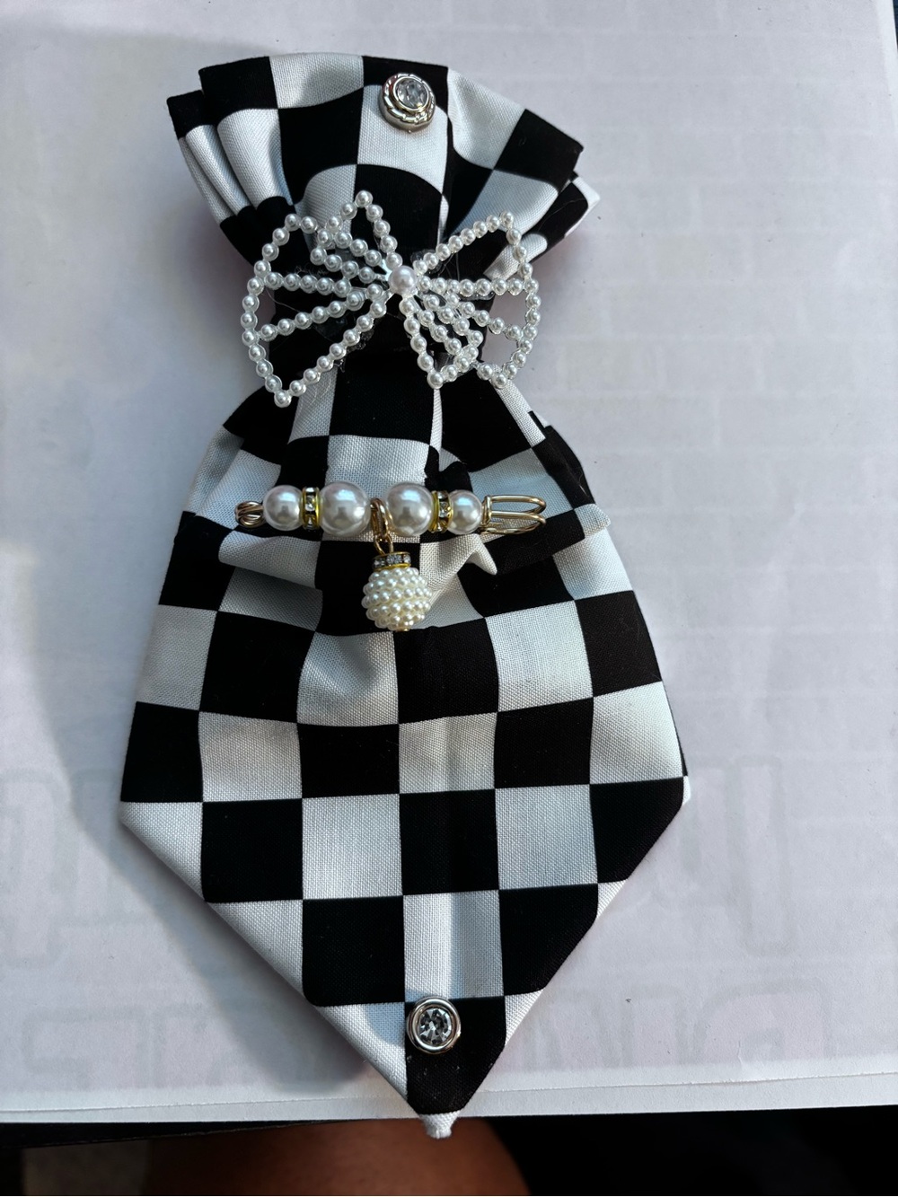 Pearl-Embellished Black & White Check Bow Tie Accessory